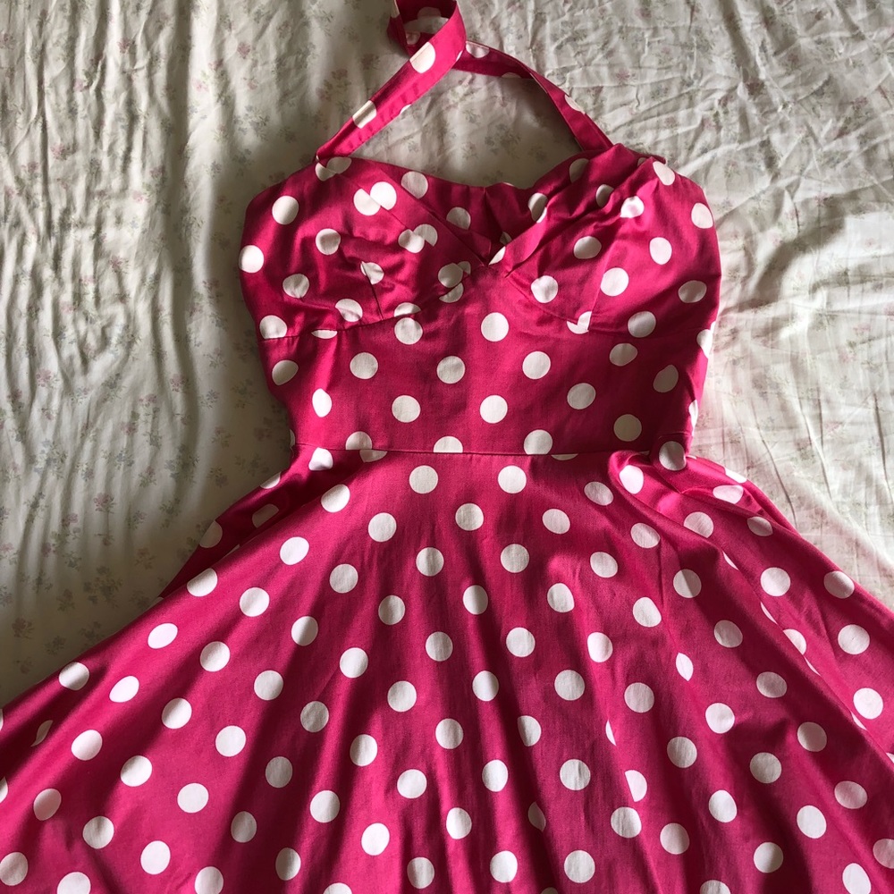 Pink and White Polkadot Circle Skirt Halter Dress